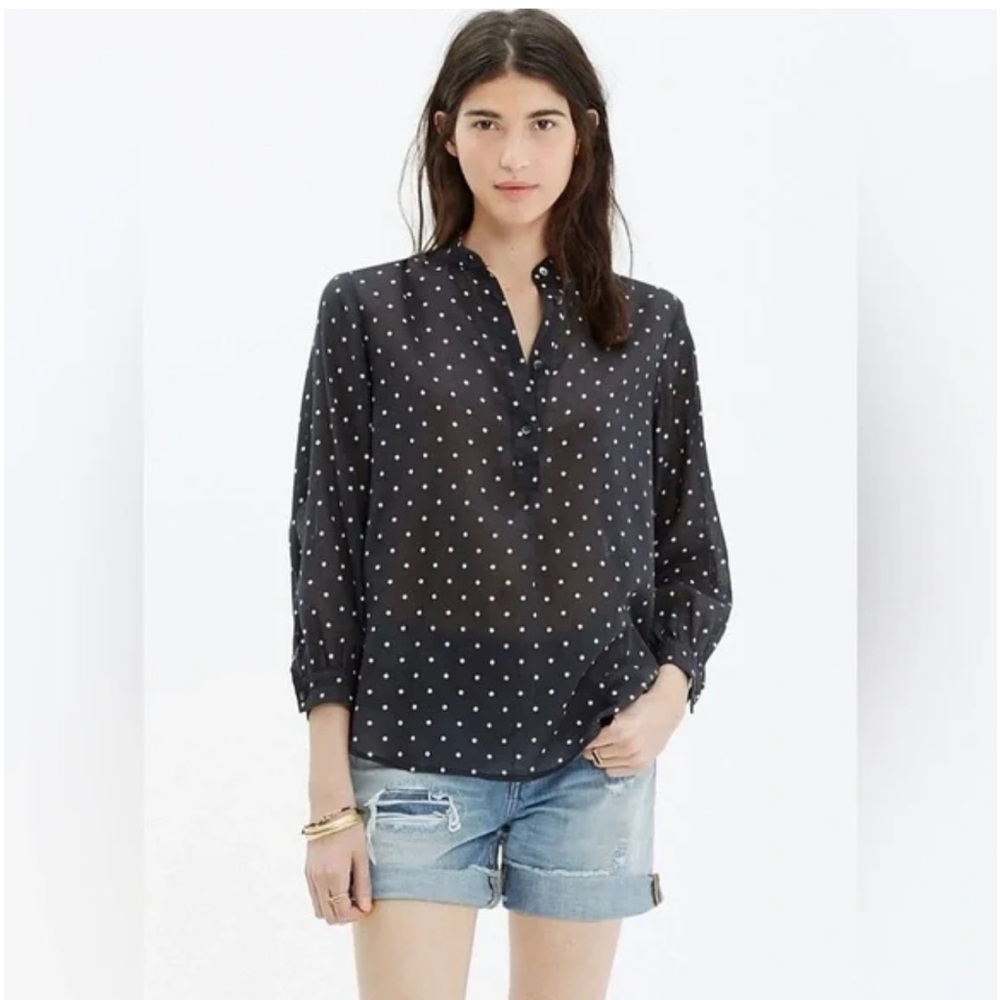 Madewell Women’s Black‎ Shirred Popover Shirt Polka Dot Cotton Size Medium